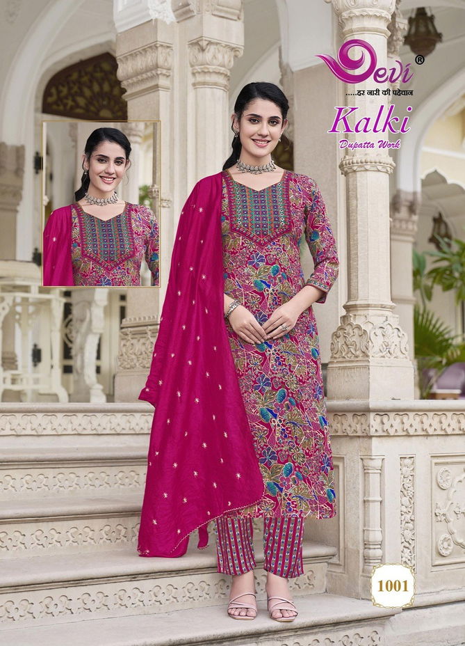 Kalki Vol 1 By Devi Embroidery Rayon Printed Kurti With Bottom Dupatta Wholesale Shop in Surat